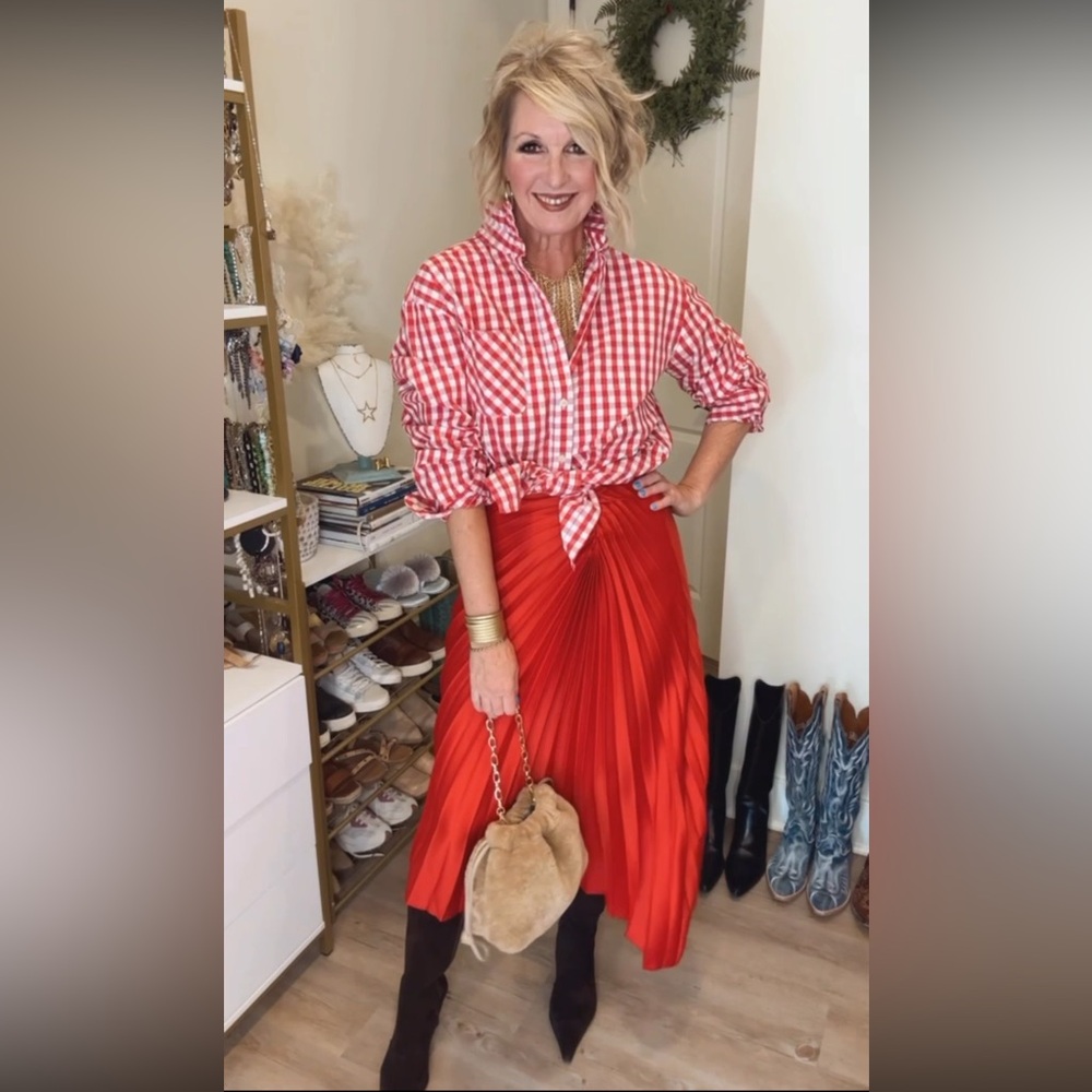 DKNY Vibrant Red A-Line Pleated Skirt - Picture 1 of 13